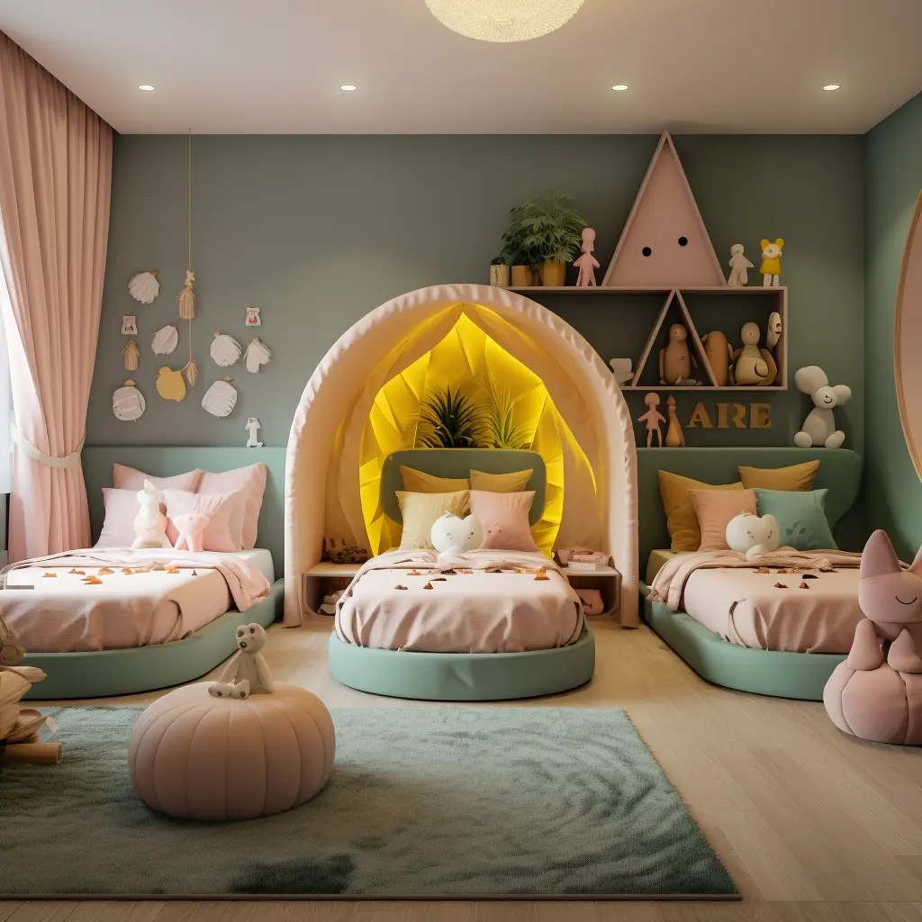 Dětský pokojík pro tři hočičky v pastelově růžové a zelené