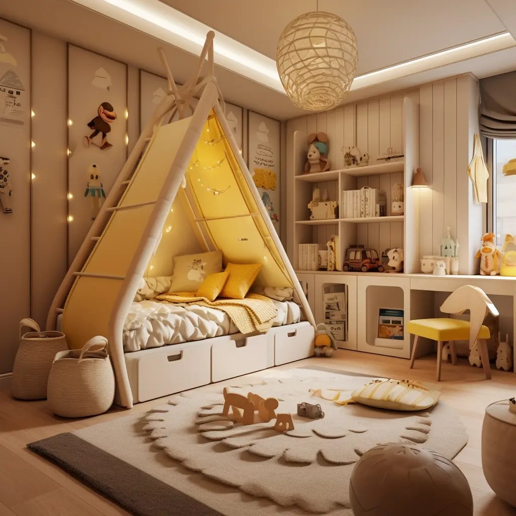 dětský pokojík s postelí jako típí vymalovaný na bílo