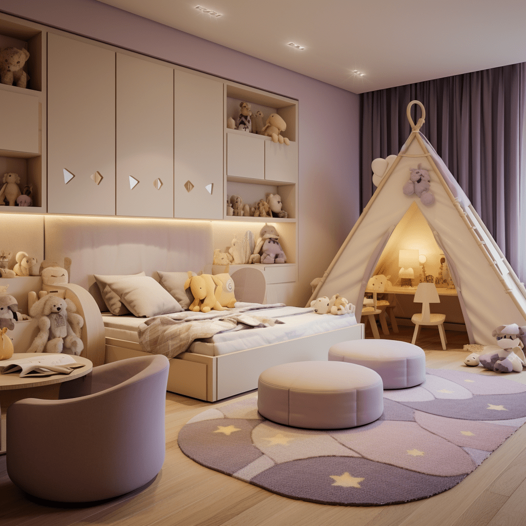 dětský pokoj v kombinaci fialové, bílé a žluté