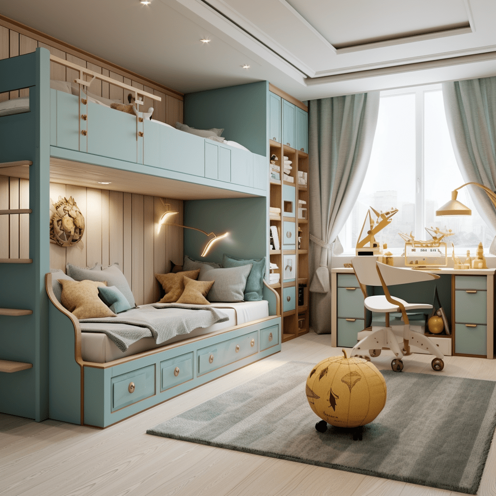 Dětský pokojíček  s vestvaěným nábytkem v tyrkysové barvě