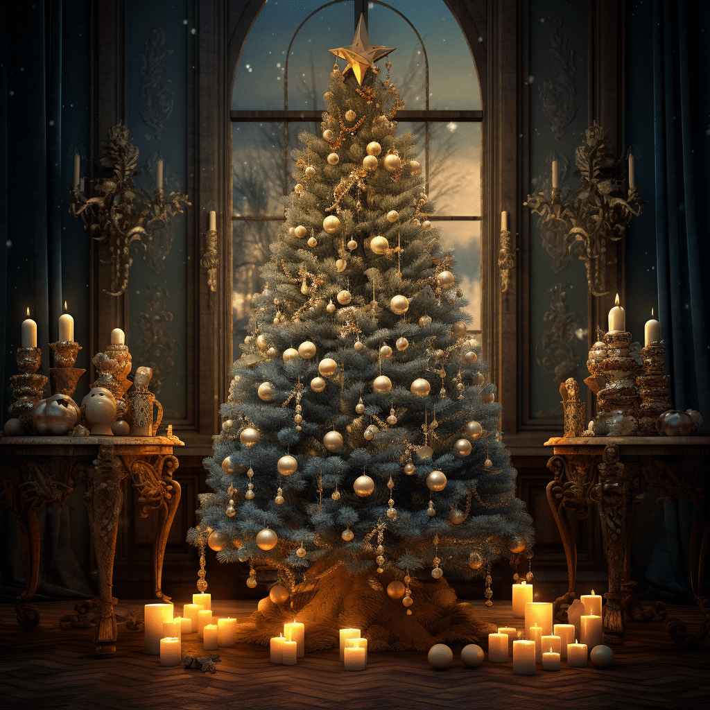 Vánoční stromeček v honosném venkovském stylu se svíčkami.