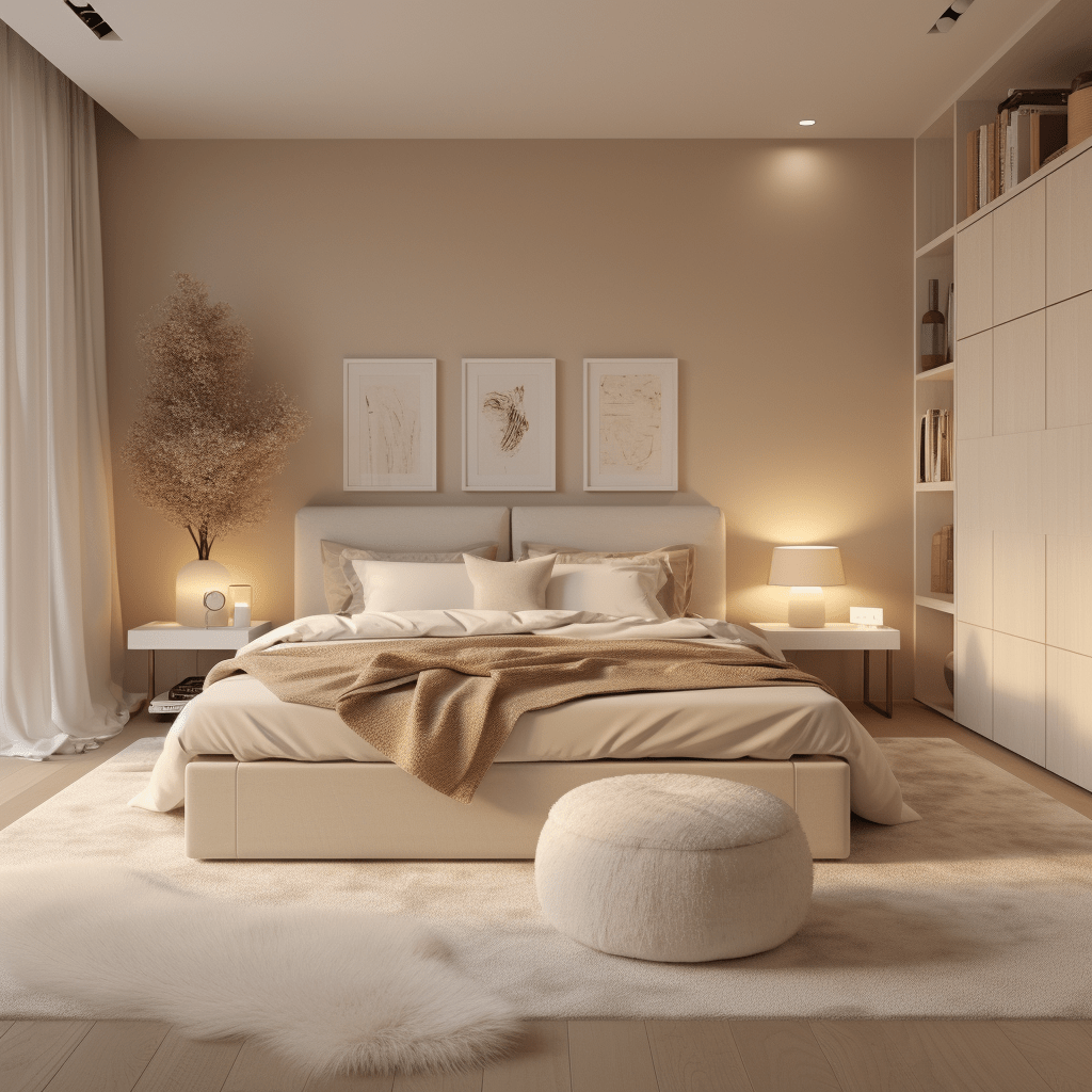 písková barva na stěnách v ložnici s bílým nábytkem