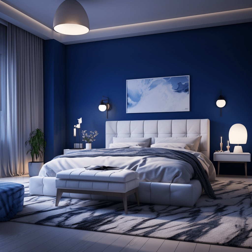 Ložnice s bílým nábytkem, čalouněnou postelí a královská modř na stěnách