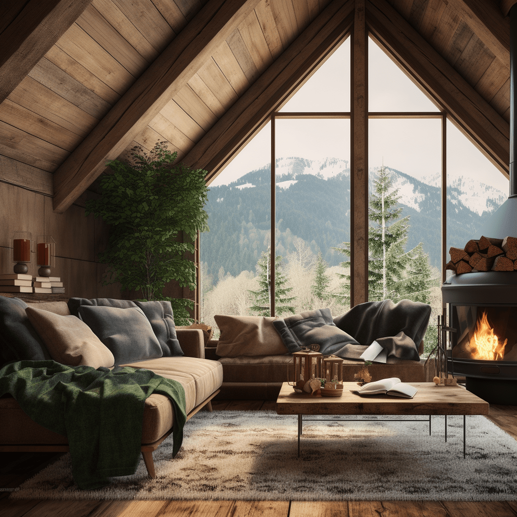 moderní horská chata s dřevěným stropem a kamny