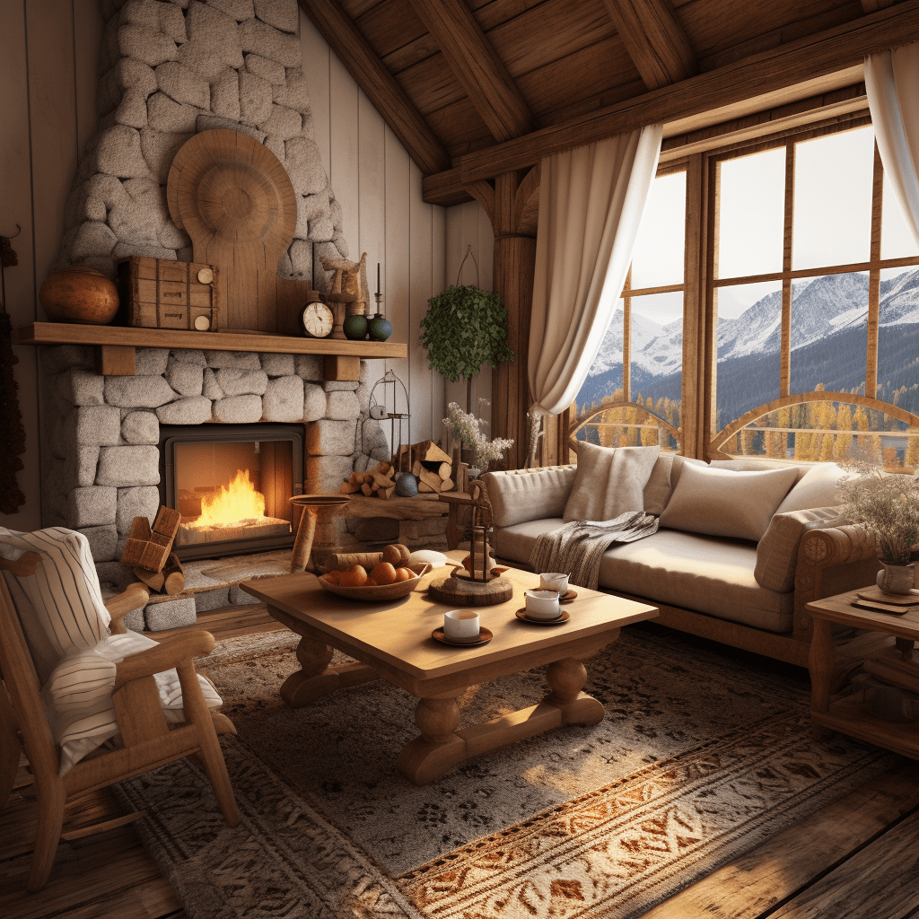 chata s velkými okny a kamenným obloženým krbem