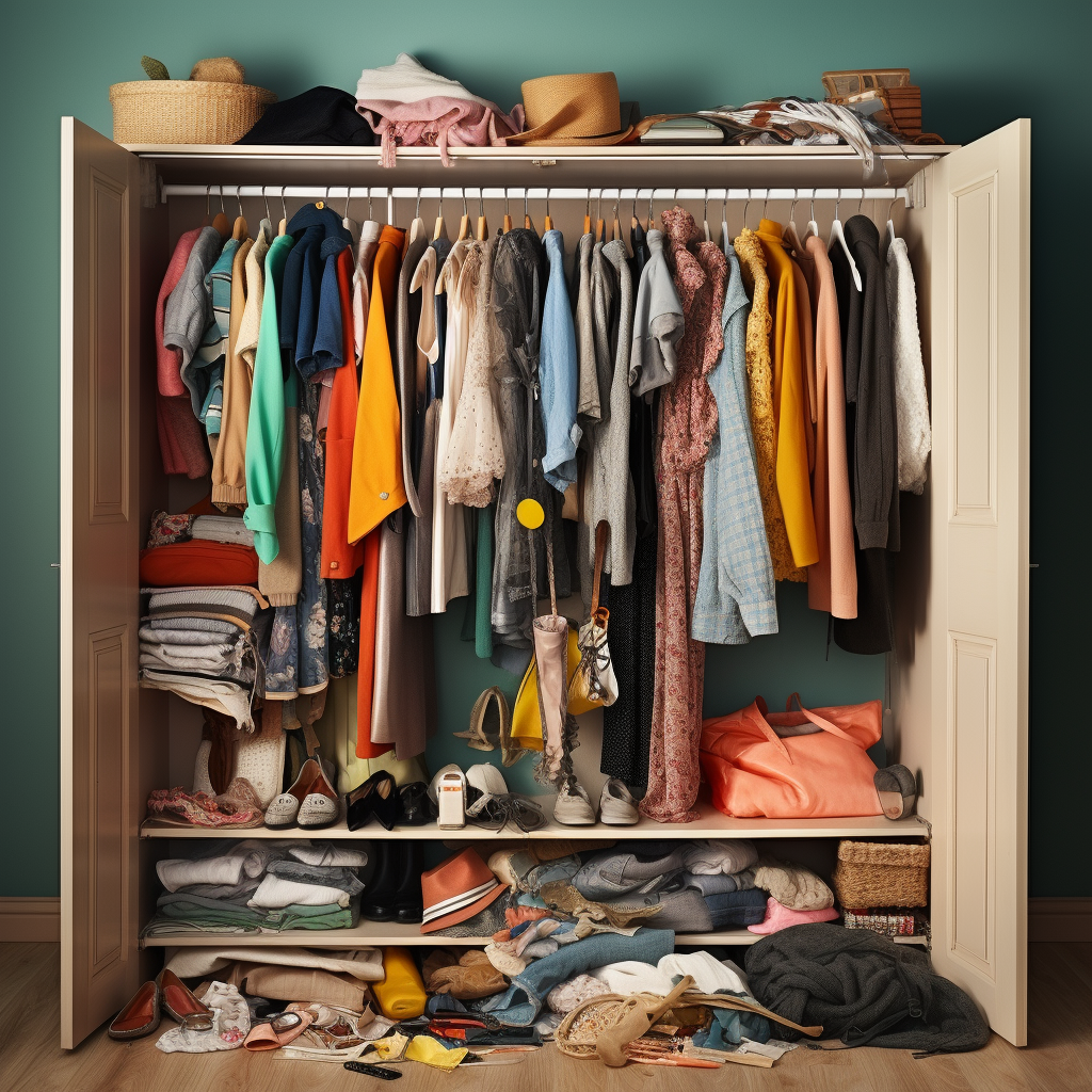 neuklizený a špatně organizovaný šatník plný nepořádku