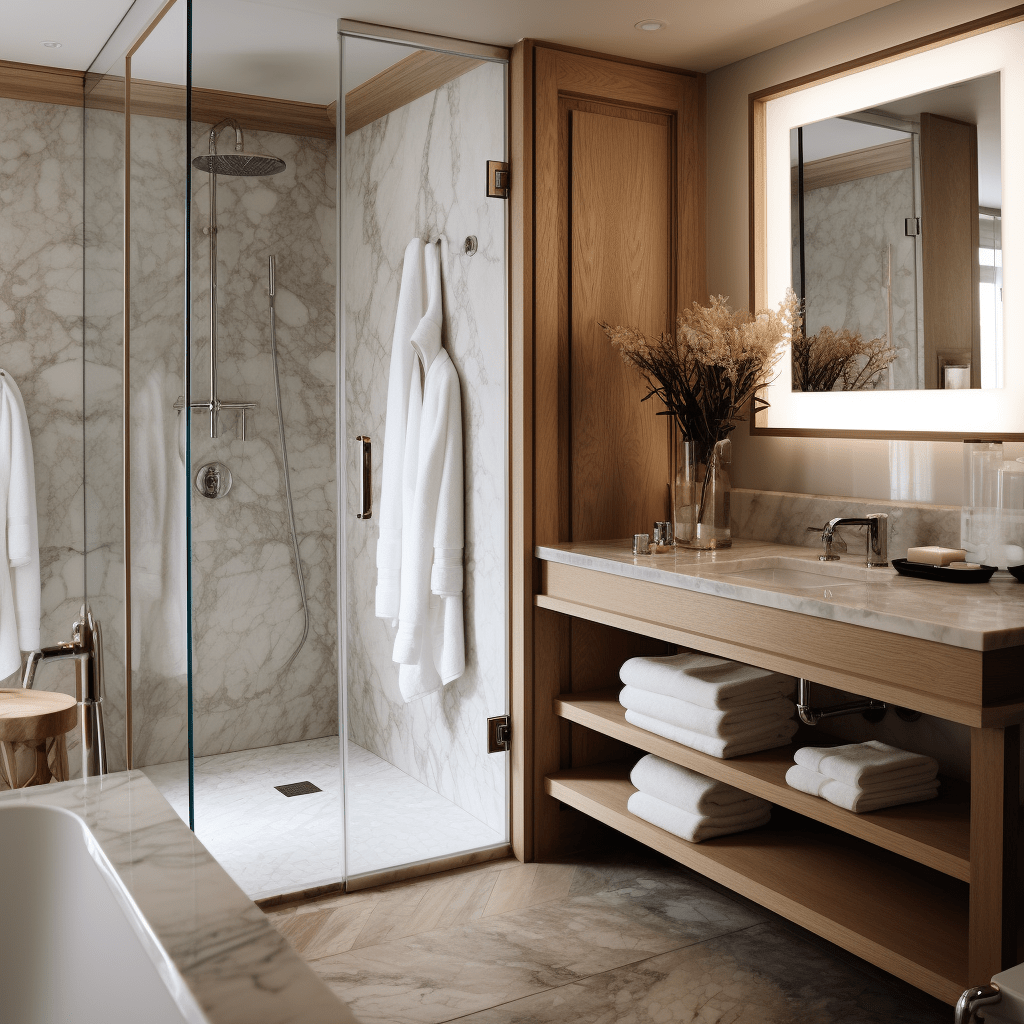 Mramorová koupelna se sprchovým koutek a dřevem