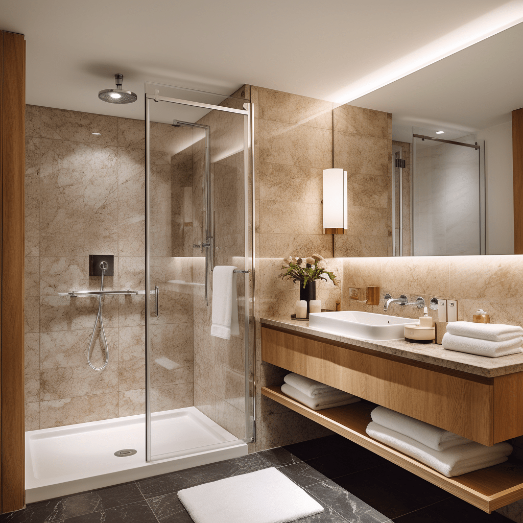 moderní koupelna v odstínech béžové s mramorou deskou