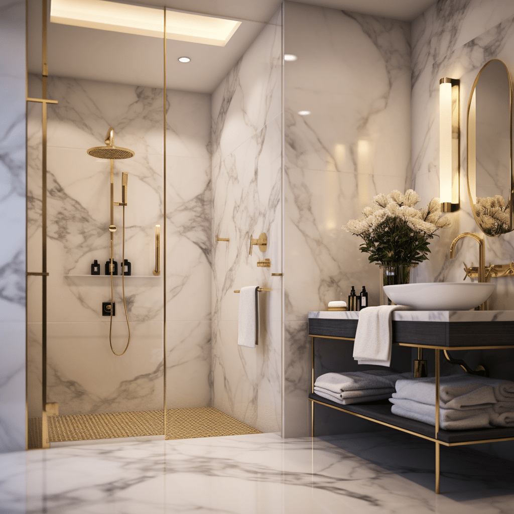 mramorová koupelna se zrcadlem a sprchovým koutem