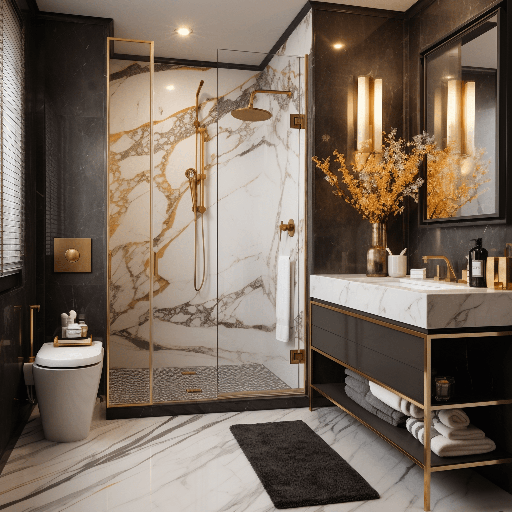 bíločerná mramorovaná koupelna se zlatými detaily