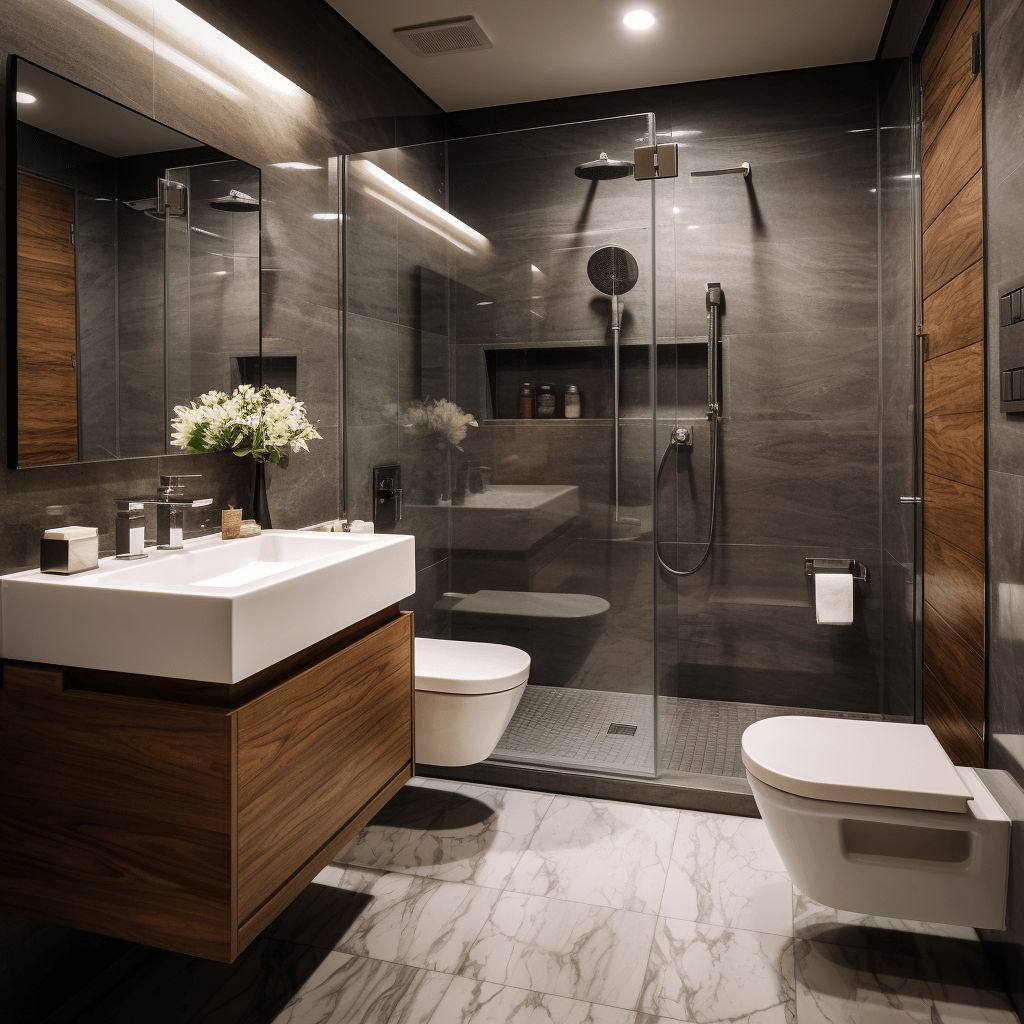 koupelna s mramorovou podlahou a dřevem