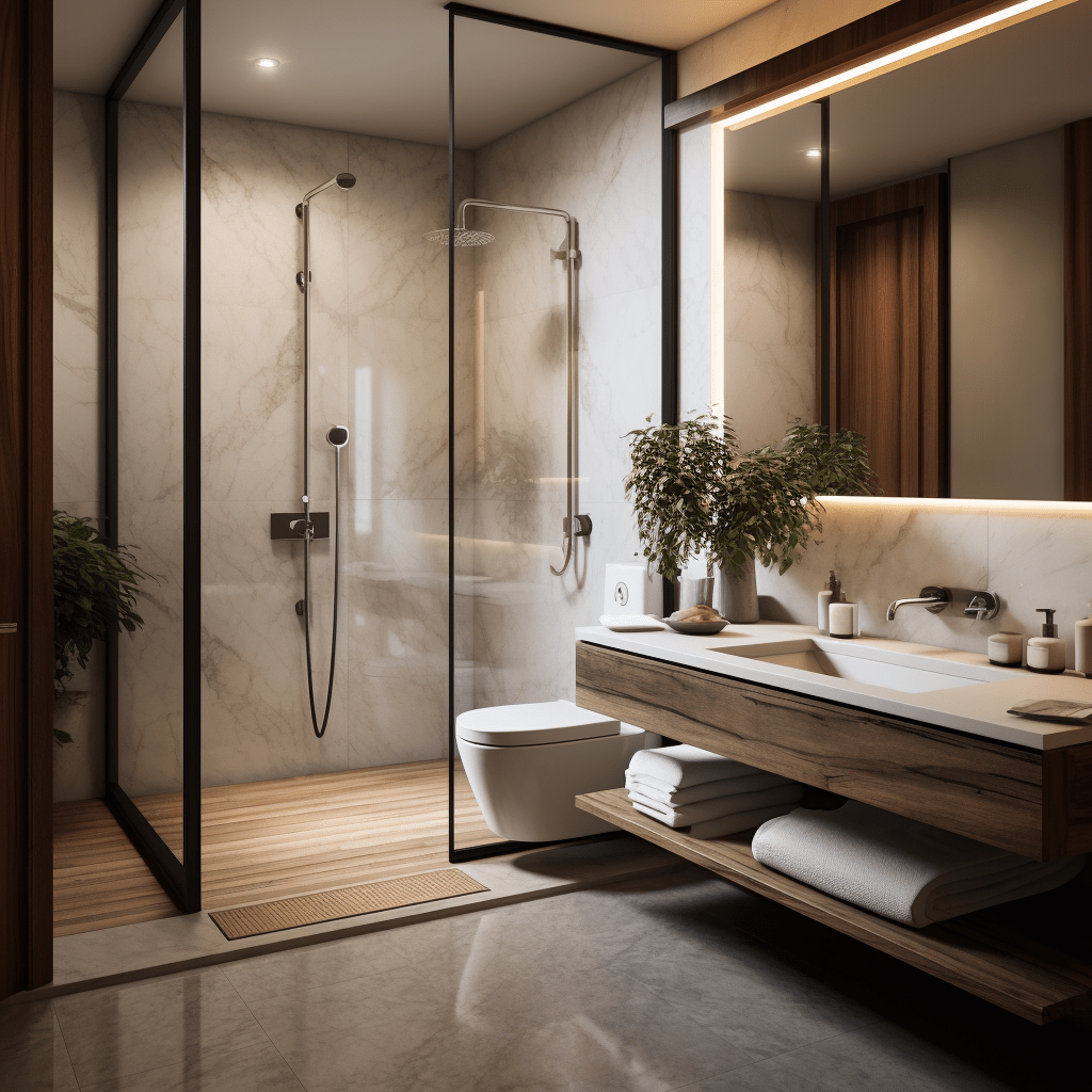 koupelna s jemnými mramorovými detaily ve sprchovém koutu