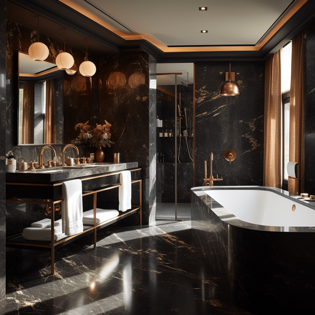 luxusní koupelna v černém mramoru s měděnými prvky