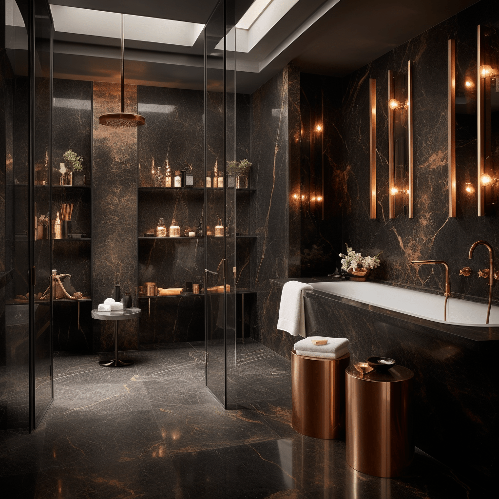 černá mramorová koupelna s bronzovými detaily