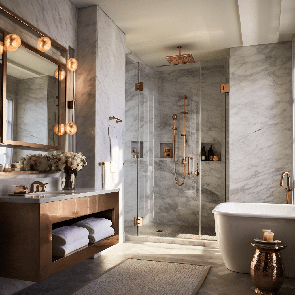 mramorová koupelna s růžovým zlatem