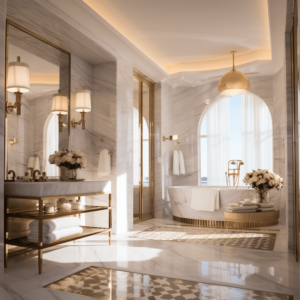 luxusní mramorová hotelová koupelna se zlatými prvky