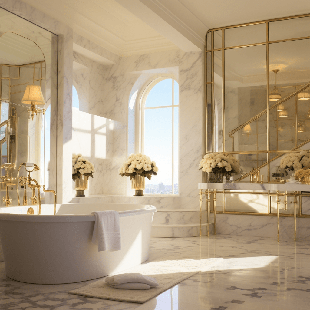 mramorová koupelna v art nuveau stylu se živými květinami