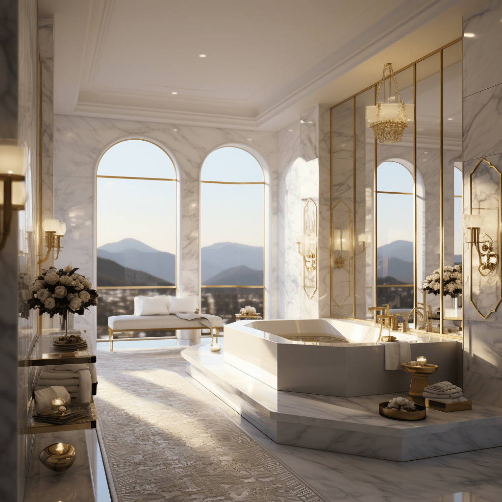 bílo šedá mramorová koupelna s velkými okny a zapuštěnou vanou