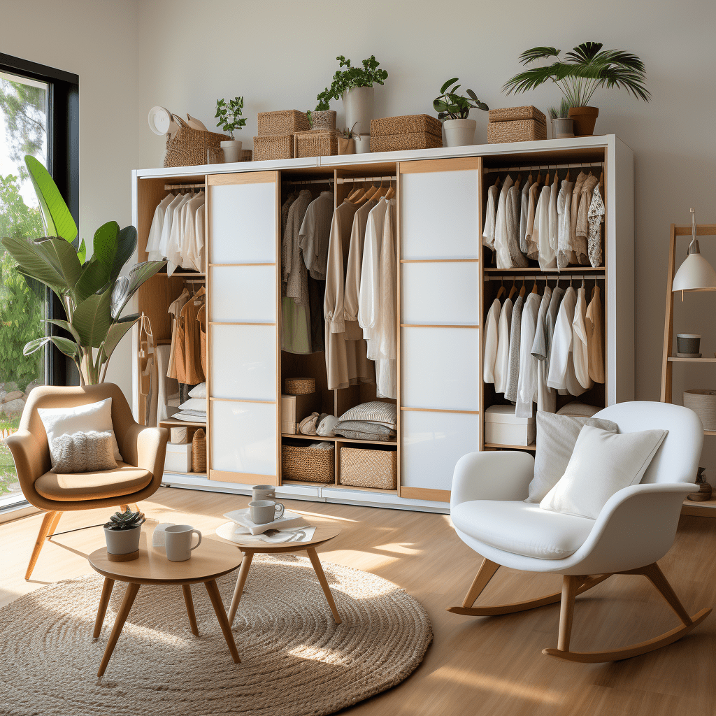 uklizený šatník se seřazeným oblečením