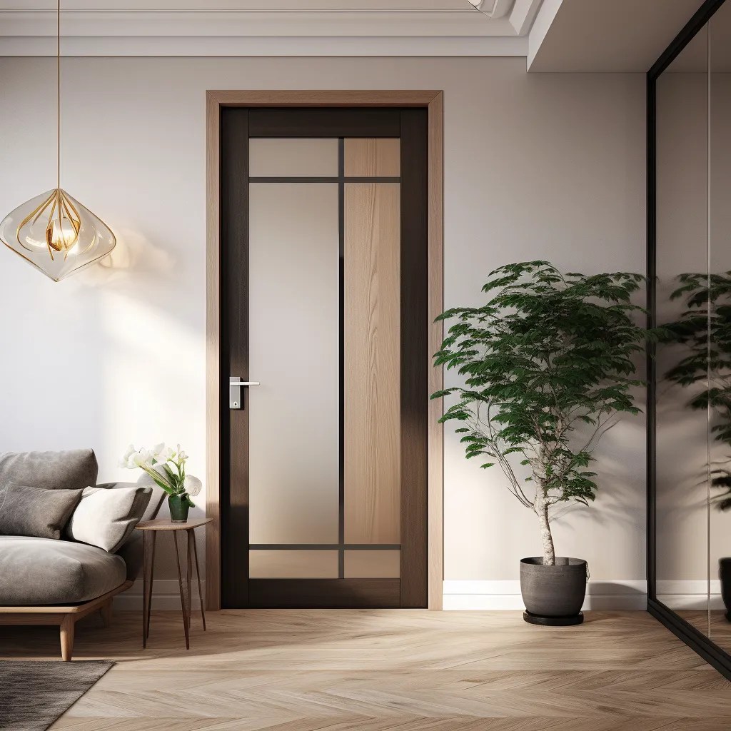 kombinace dřeva na dveřích s mléčným sklem