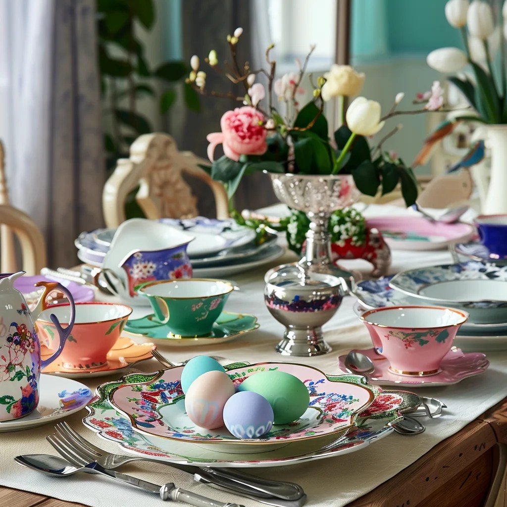 barevné nádobí na velikonočním stole s malovanými vajíčky